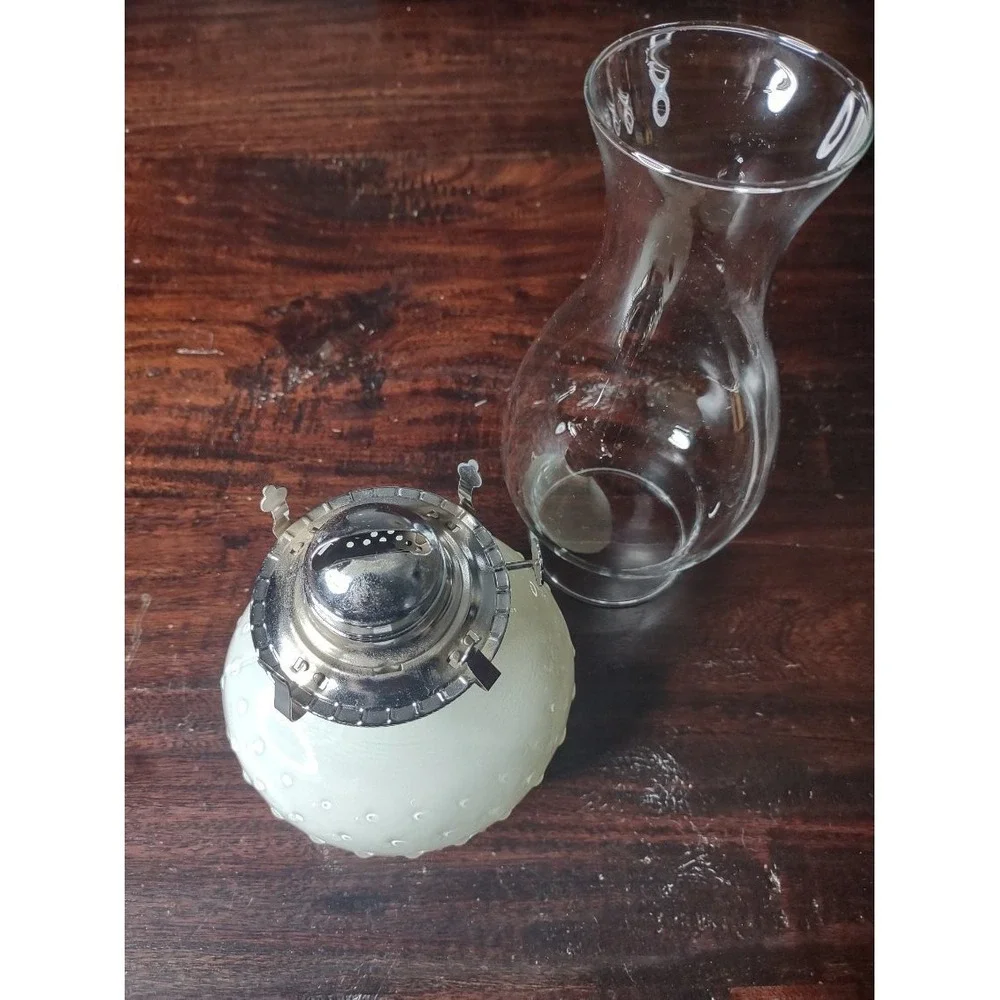 Vintage Hobnail Milk Glass Oil Lamp w/ Clear Chimney 12